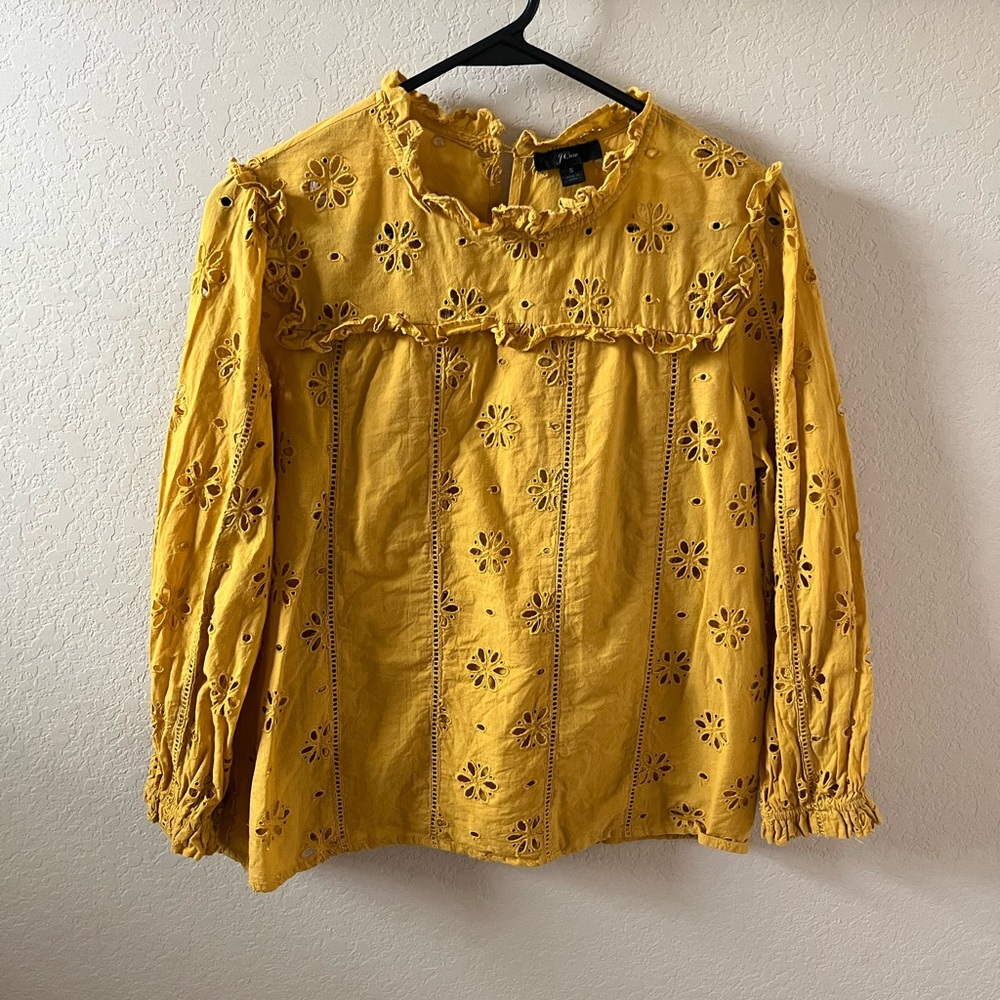 J.Crew Women’s Mustard Eyelet Broderie Ruffle-Neck Top Size S 100% Cotton